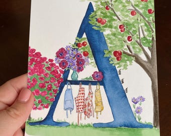 Letter A Teatime in the Garden Watercolor Print, Letter A initial art, Nature Themed Alphabet Watercolor Print