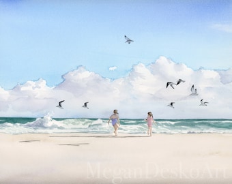 Chasing Seagulls Seaside Watercolor Print; Little girls on beach painting; Gulf Shores Alabama Art