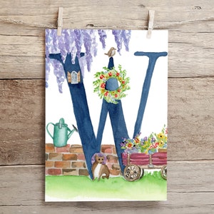 Letter W Teatime in the Garden Watercolor Print, Letter W initial art, Nature Themed Alphabet Watercolor Print