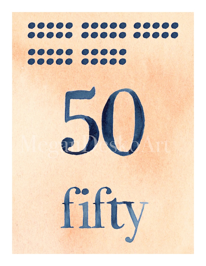 May include: A watercolor illustration of the number 50, written in blue ink on a beige background. The number is surrounded by rows of blue dots.