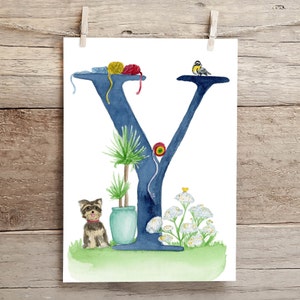 Letter Y Teatime in the Garden Watercolor Print, Letter Y initial art, Nature Themed Alphabet Watercolor Print