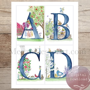 Full Alphabet 3 sizes Digital Download, Teatime in the Garden watercolor Alphabet, Classroom Nature Themed Alphabet, Nature ABC Flash Cards