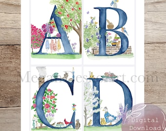 Full Alphabet 3 sizes Digital Download, Teatime in the Garden watercolor Alphabet, Classroom Nature Themed Alphabet, Nature ABC Flash Cards