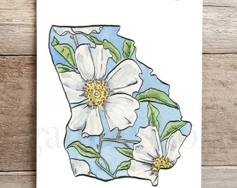 Georgia Cherokee Rose State Flower Watercolor and pen and ink Print