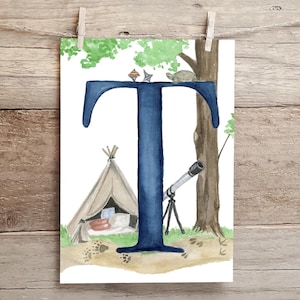 Letter T Adventure in the Woods Watercolor Print, Letter T initial art, Nature Themed Alphabet Watercolor Print