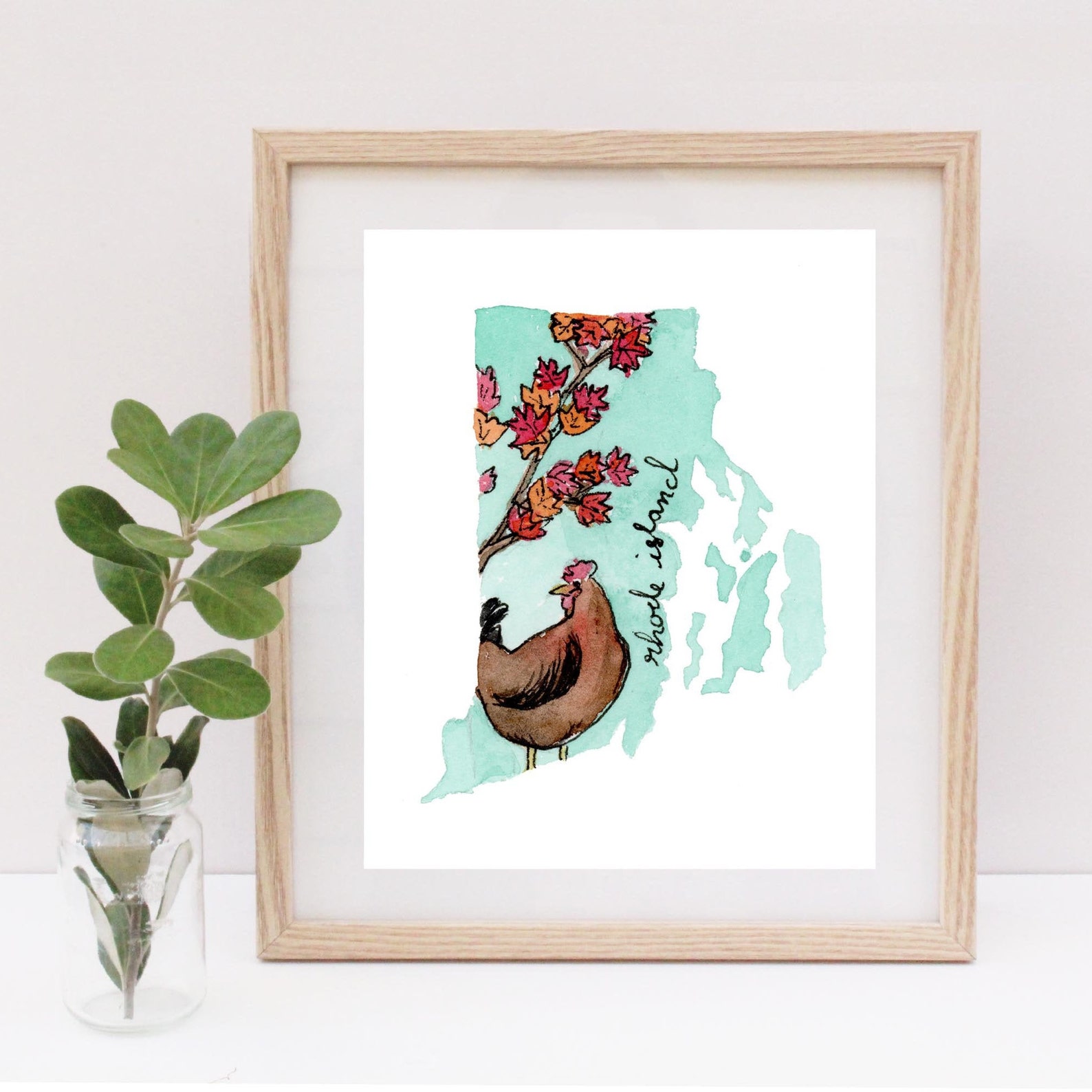 Rhode Island Red Maple and Rhode Island Red State Silhouette Watercolor ...
