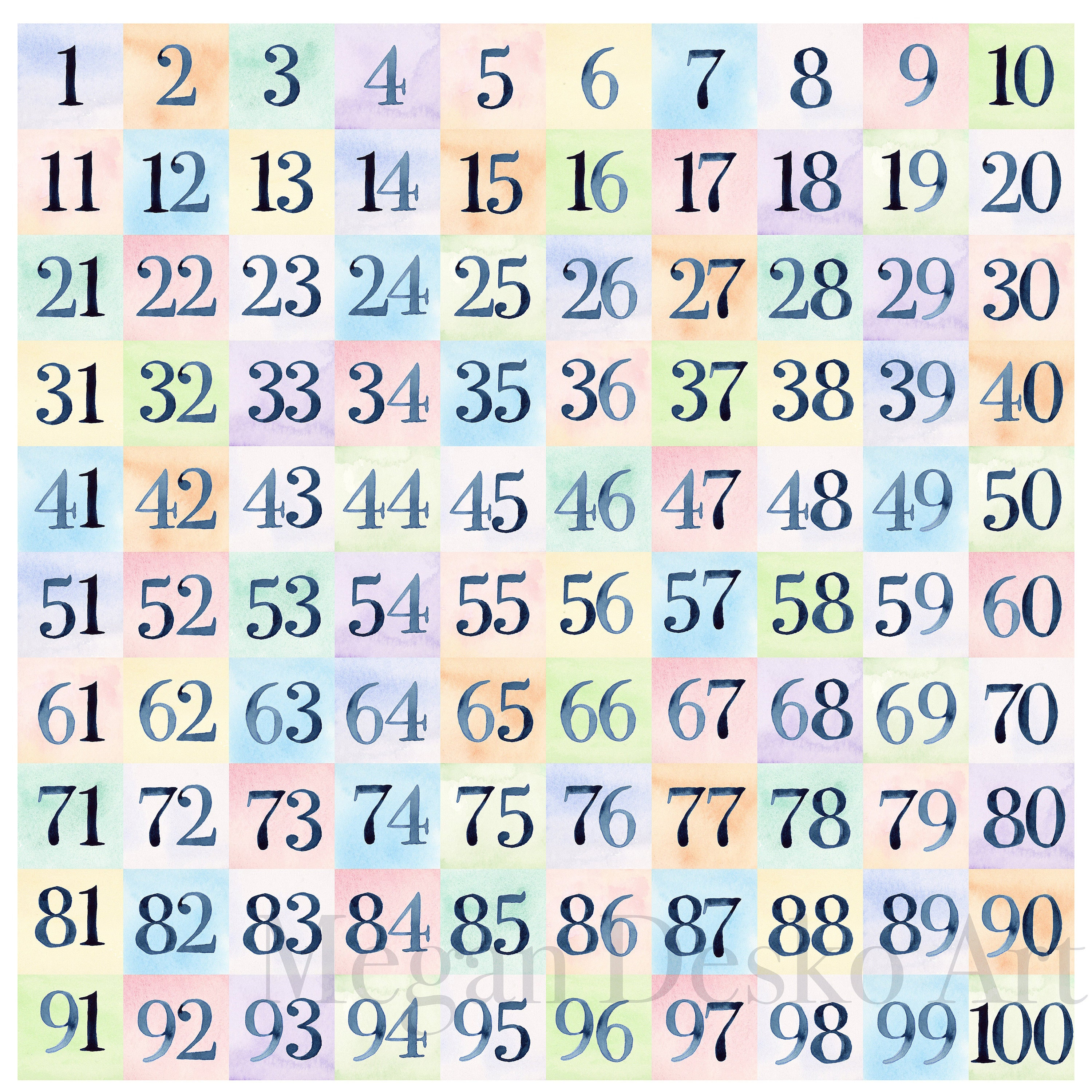 Digital Watercolor Hundreds Chart Printable; Pastel Hundreds Chart; Elementary School Hundreds Chart; Math Printable