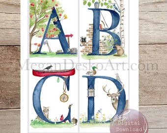Full Alphabet 3 sizes Digital Download, Adventure in the Woods watercolor Alphabet Learning Bundle, Classroom Nature Themed Alphabet