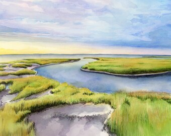 Sunset on the Marsh; Low country landscape; South Carolina waterfront; Georgia Art