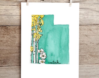 Utah Sego lily and Quaking Aspen state Silhouette Watercolor Print