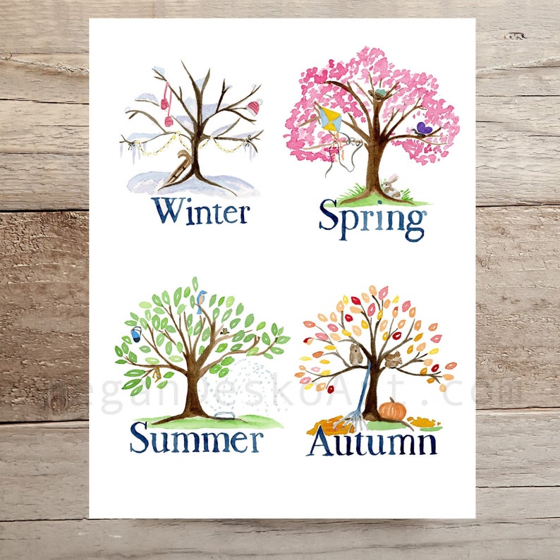 Digital Download Seasons Watercolor Print and Cards Classroom | Etsy