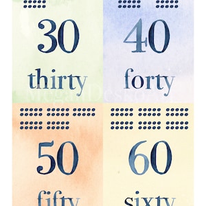 May include: A colorful chart with four squares, each showing a number and its corresponding word. The numbers are 30, 40, 50, and 60. The words are thirty, forty, fifty, and sixty. The squares are in different colors: green, blue, orange, and yellow.