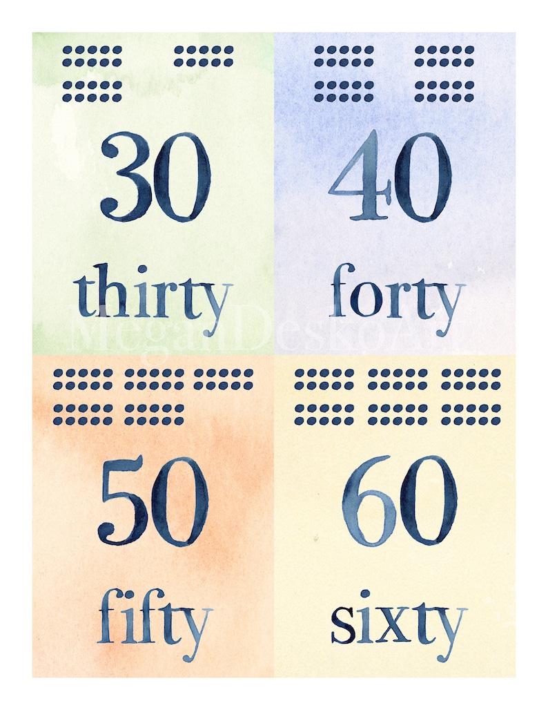 May include: A colorful chart with four squares, each showing a number and its corresponding word. The numbers are 30, 40, 50, and 60. The words are thirty, forty, fifty, and sixty. The squares are in different colors: green, blue, orange, and yellow.