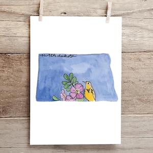 North Dakota Western Meadowlark and Wild Prairie Rose state Silhouette Watercolor Print