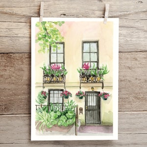 Scenes From Downtown Savannah House with Pink Flowers Watercolor Print