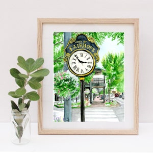 Downtown Fairhope Watercolor, Fairhope Clock Watercolor, Alabama Art, Fairhope Alabama, Fairhope Art