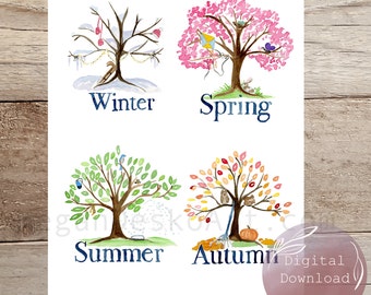 Digital Download Seasons Watercolor Print and Cards, Classroom Calendar Seasons Cards