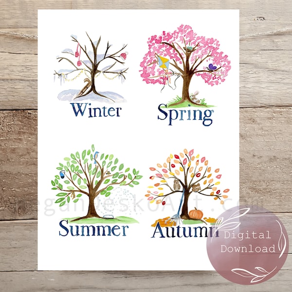 Digital Download Seasons Watercolor Print and Cards, Classroom Calendar Seasons Cards