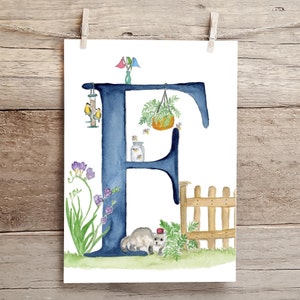 Letter F Teatime in the Garden Watercolor Print, Letter F initial art, Nature Themed Alphabet Watercolor Print