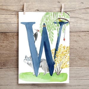 Letter W Adventure in the Woods Watercolor Print, Letter W initial art, Nature Themed Alphabet Watercolor Print