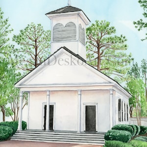 May include: A white, wooden church with a steeple and a bell tower. The church has three sets of double doors and windows with white shutters. The church is surrounded by green trees and bushes.