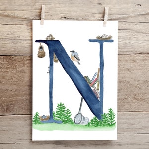 Letter N Adventure in the Woods Watercolor Print, Letter N initial art, Nature Themed Alphabet Watercolor Print