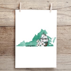 Virginia Jamestown Ship and Dogwood State Silhouette Watercolor Print
