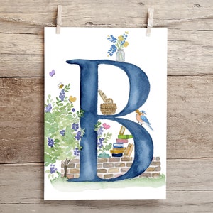Letter B Teatime in the Garden Watercolor Print, Letter B initial art, Nature Themed Alphabet Watercolor Print