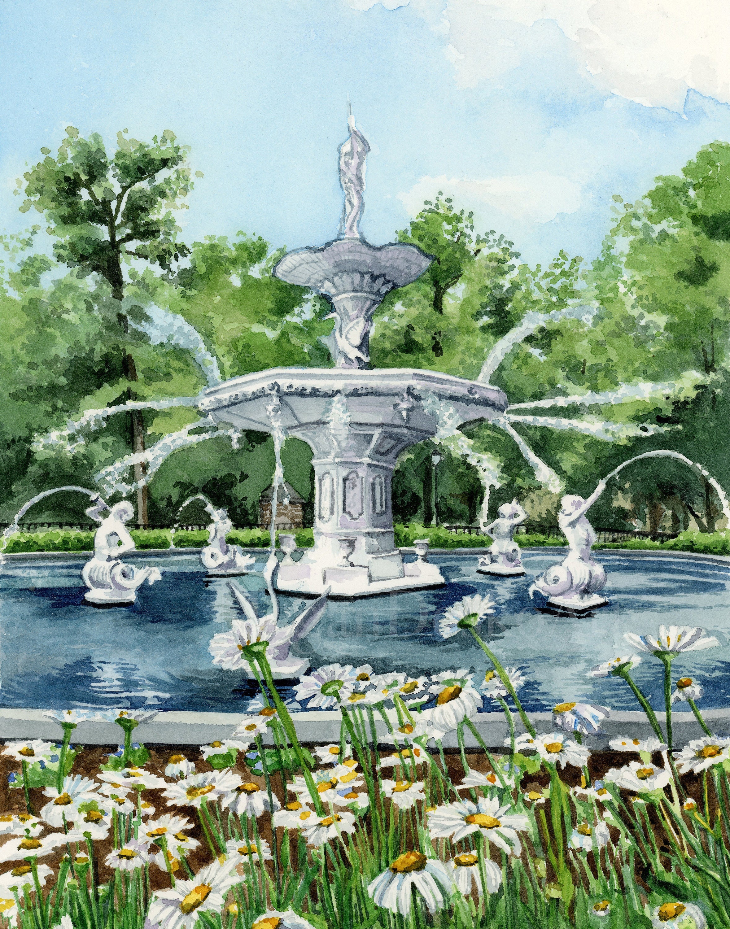 Forsyth Fountain Savannah Watercolor Print, Forsyth Park Painting