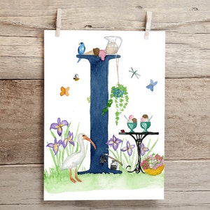 Letter I Teatime in the Garden Watercolor Print, Letter I initial art, Nature Themed Alphabet Watercolor Print