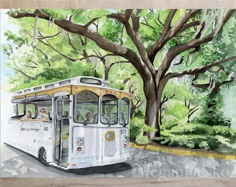 May include: A watercolor painting of a white trolley bus driving through a lush green park with large oak trees. The bus has a yellow stripe and the number 912 on the side. The bus is full of passengers and is driving on a paved road.