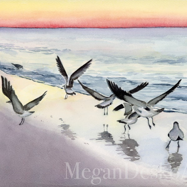 Shorebirds at Sunset Watercolor Print; Sanibel Island Watercolor