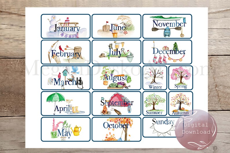 Digital Download Mini Watercolor Nature Calendar Kit 8.5x11in