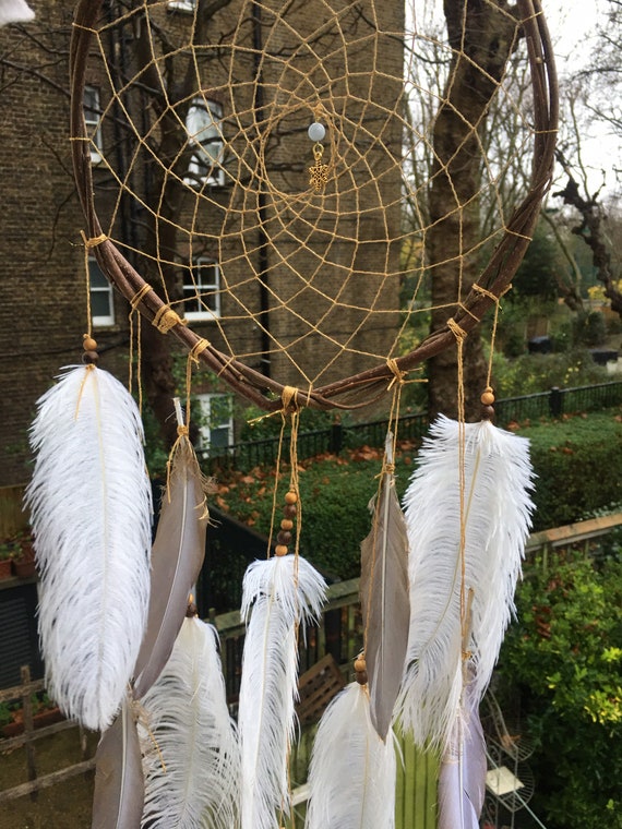 Gold Dreamcatcher With Gold Feathers Handmade Natural Hazel Wood 