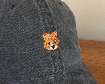Brown Bear Head Embroidered Washed Cotton Twill Cap