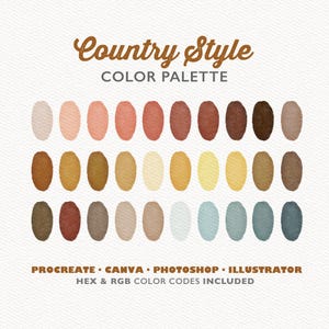 Procreate Color Palette, Canva Colors, Country Style Color Palette, Photoshop Swatches, Illustrator Swatches, Warm Cottage Colour Palette
