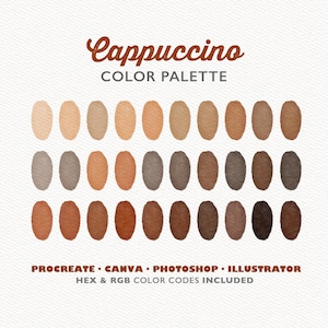 Canva Colors, Procreate Color Palette, Cappuccino Color Palette, Photoshop Swatches, Illustrator Swatches Coffee Palette, Soft Brown Palette