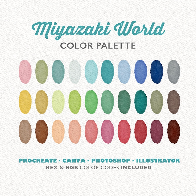 Canva Color Chart, Procreate Color Palette, Miyazaki World Color Palette, Photoshop Swatches, Ghibli Color Palette, Illustrator Swatches, Canva color palette, Canva color chart, color palette hex codes, palette photoshop