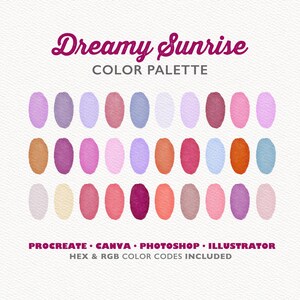 Procreate Color Palette, Canva Colors, Dreamy Sunrise Color Palette, Photoshop Swatches, Illustrator Swatches, Soft Pink Color Palette