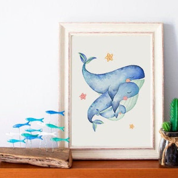 Whale Watercolor Wall Art,Nursery wall art, Ocean themed nursery, Nautical sea nursery, Kids room decor, Nautical Bedroom, Whale Print decor