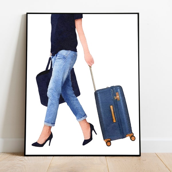 Travel Girl, Watercolor, Travel Art, Girl, Luggage, Suitcase, Blue, Jeans, Fashion Wall Art, Travel Print Art, Fashion Print, Travel Fashion