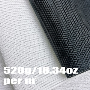 May include: Close-up of rolled white and black mesh fabric. The white mesh is on the left, and the black mesh is on the right. The text "520g/18.34oz per m" is printed in white on the bottom left of the image.