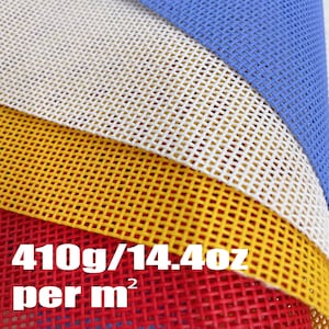 May include: Close-up of layered mesh fabric in blue, white, yellow, and red. The fabric has a grid-like pattern. Text on the image reads "410g/14.4oz per m²".