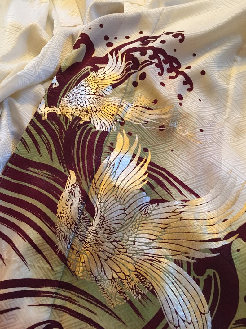 Hand painted with silver birds Men/'s Silk Kimono