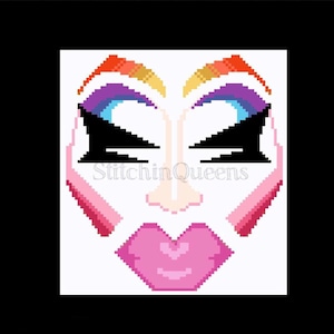 May include: Pixelated image of a drag queen face with bold makeup. Features include black eyebrows, rainbow eyeshadow, pink lips, and a white nose. The text "StitchinQueens" is visible.