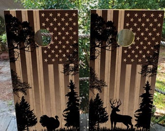 Deer and Turkey Hunter Cornhole Board Wraps: American Flag Wood Grain, Waterproof Decals