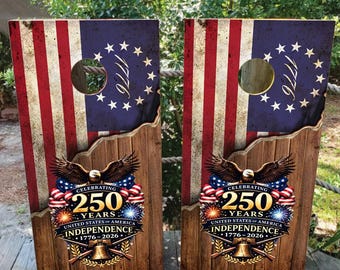 250 USA  American Flag Cornhole Wraps – Burnt Wood Patriotic Vinyl Skins --- Waterproof Decals