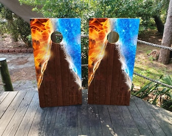 Fire and Ice Wood Grain Cornhole Board Wraps – Waterproof, Non-Fading