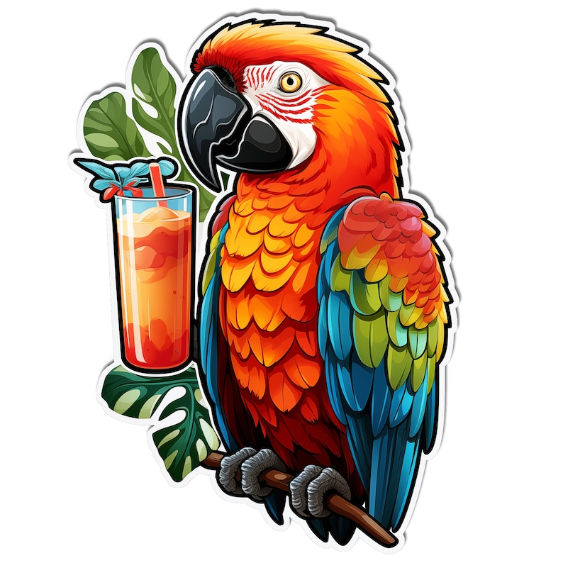 May include: A colorful macaw parrot with red, orange, blue, and green feathers is holding a glass of orange juice with a straw. The parrot is perched on a branch with green leaves.