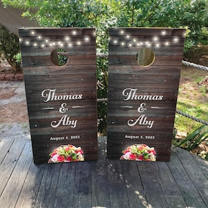 WATERPROOF & NON FADING Custom Wedding Cornhole Wraps / Natural Wood Grain / Elegant / Barn Wedding / Rustic / Personalized Wedding Gift